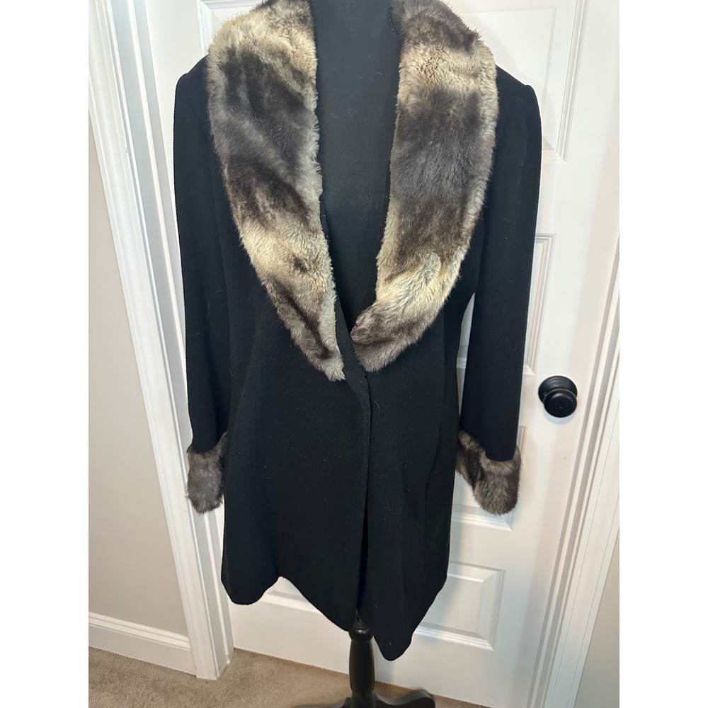Unreal Fur Vintage‎ 80's Black Coat Faux Fur Wool Blend Women 12/Large